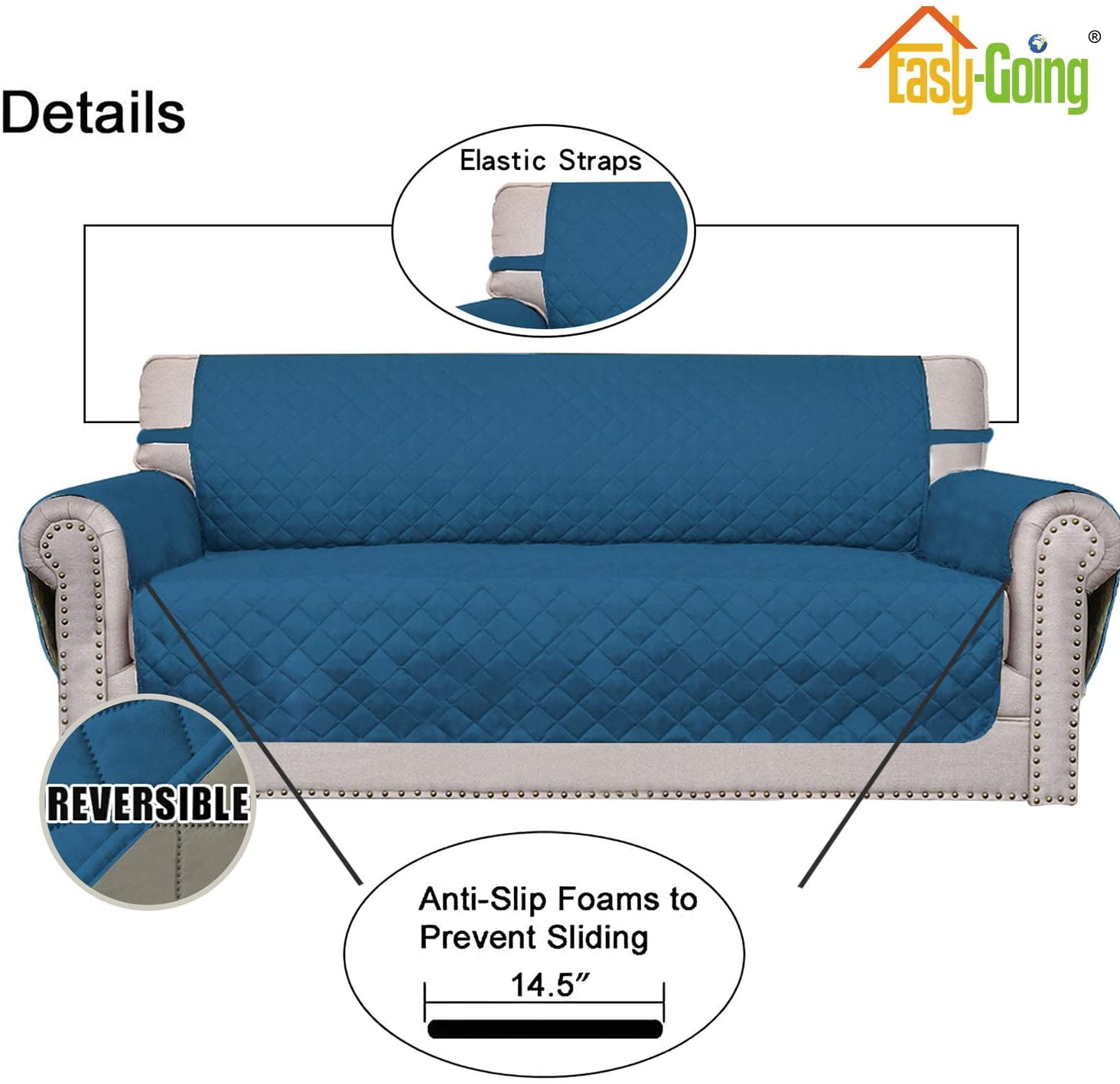 Easy-Going Reversible Sofa Slipcover Water Resistant Couch Cover, Sofa Size, Peacock Blue/Beige - 2