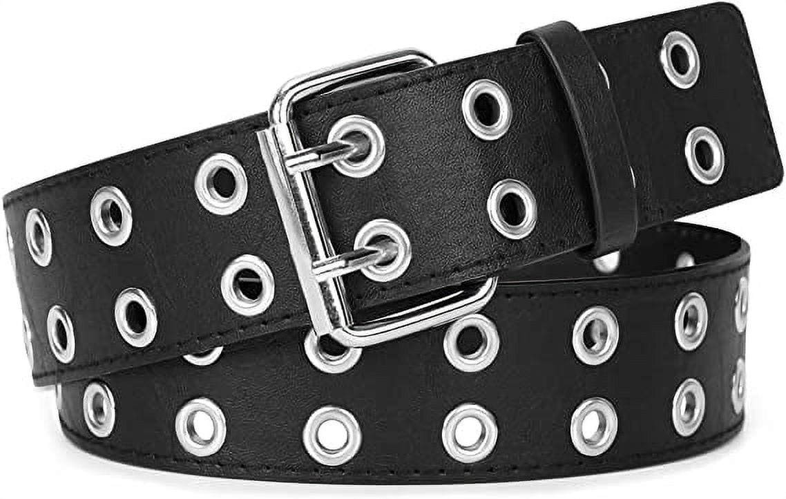 Black Double Grommet Belt PU Leather Punk Belt for Women Men Jeans