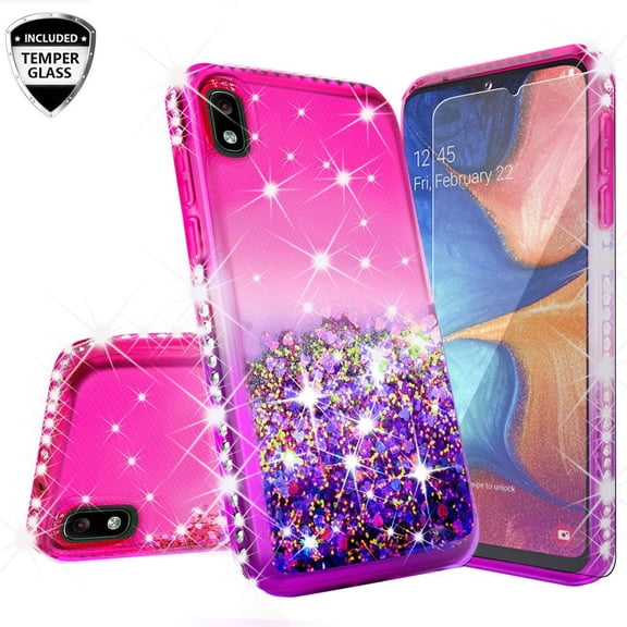 Compatible for Motorola Moto E6 Case, with [Tempered Glass Screen Protector] SOGA Diamond Liquid Quicksand Cover Cute Girl Women Phone Case - Pink/Purple