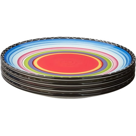 Tequila Sunrise Ceramic Dinner Plates Set of 4, 11-Inch Vibrant Multicolor Plates with Black Rim, Assorted Designs, Bold Decorative Tableware for Fiesta Dining & Everyday Use