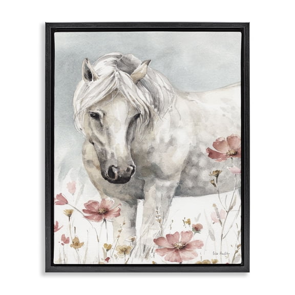 Stupell Industries Traditional Horse with Pink Flowers Black Floating Frame Canvas Art, 17 x 21, by Lisa Audit