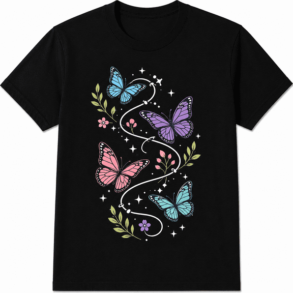 Women's Butterfly Graphic T-Shirt, Floral Botanical Nature Print Tee, Casual Short Sleeve Summer Shirt, Colorful Butterfly Top