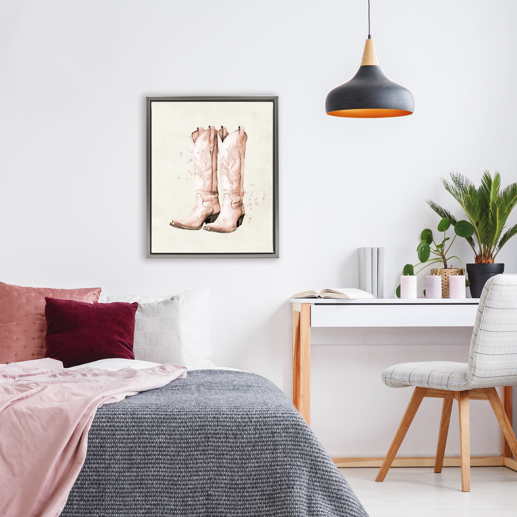 Howdy Cowgirl Pastel Boots Gray Framed Floater Canvas Wall Art, design by Kim Allen