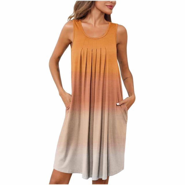 Tranfacy Robes pour Femmes, Chemises de Nuit pour Femmes, Chemises de Sommeil à Imprimé pour Femmes avec Poches Sans Manches Vêtements de Nuit Chemise de Nuit à Plis devant Col Rond Robe de Nuit
