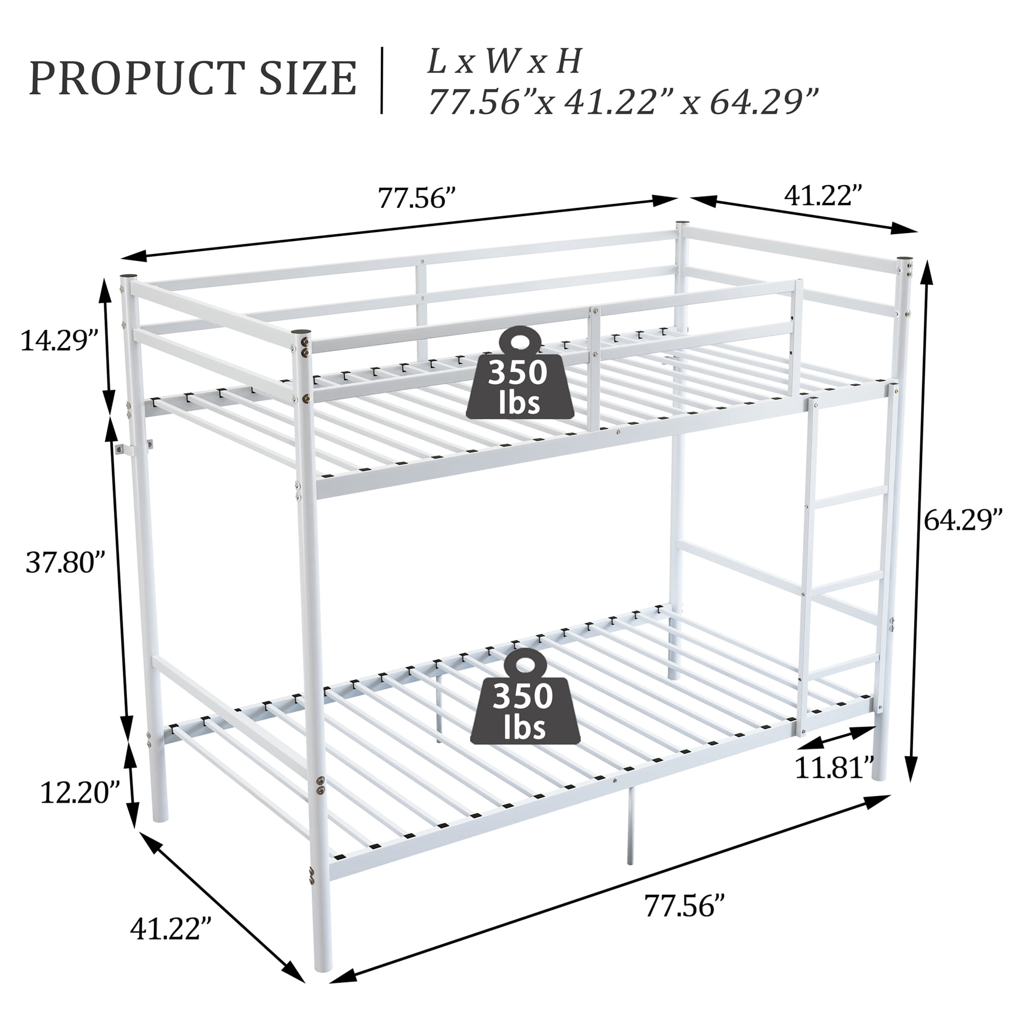 avobird Twin Over Twin Metal Bunk Bed with Ladder High Guardrails, Heavy Duty Iron Frame Noise-Free Design, Under Bed Storage, No Box Spring Needed, White