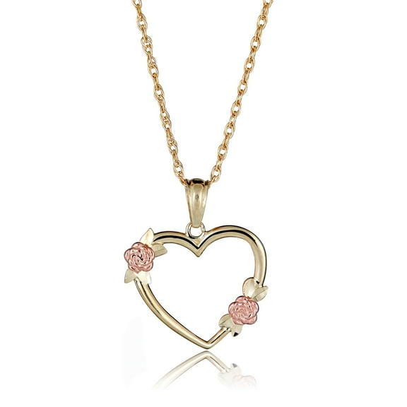 AVORA 10K Two-Tone Gold Open Heart and Flower Pendant Necklace with 18" Chain