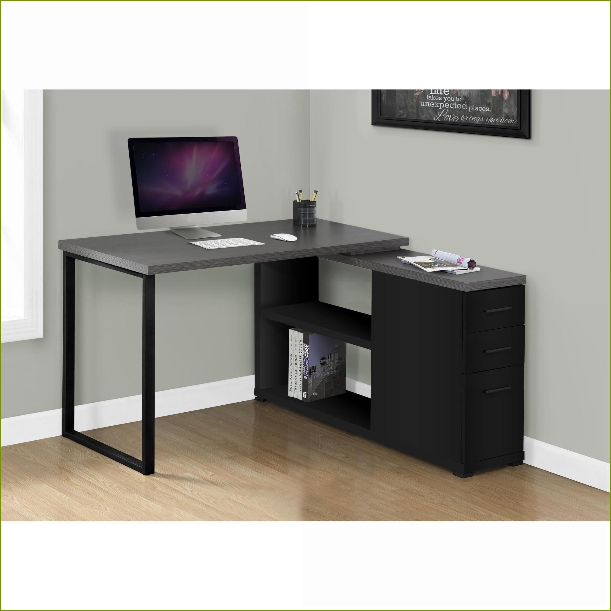 Desks, L-Shaped Corner Home Office Desk with Left/Right Setup & 3 Drawers, Black/Grey Laminate, Black Metal, Modern | Black | Particle Board