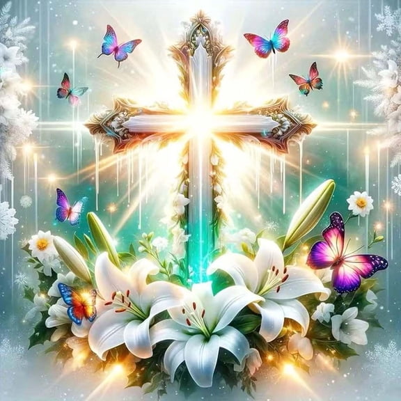 Cross Flower Diamond Art Kits for Adults,5D Round Drill Diamond Painting Kits,DIY Cross Jesus Diamond Painting Kits for Gem Art,Butterfly Diamond Art Painting for Home Wall Decor 13.7 X 13.7Inch