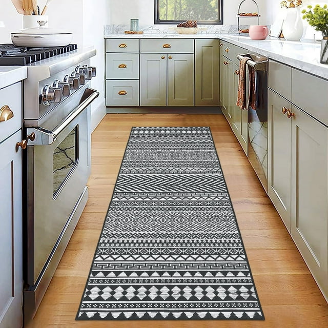 Hasoo Modern Runner Rug 2' x 6' Washable Throw Rugs for Hallway Boho Geometrical Indoor Carpet, Black