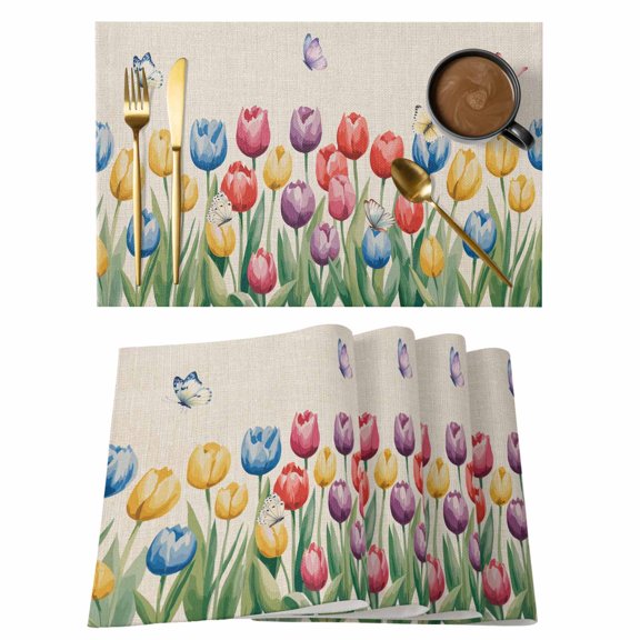 Watercolor Tulips Placemats Set of 8, Spring Flowers Butterflies Leaves Beige Placemats for Dining Table, Place Mats for Kitchen Tabletop, Waterproof Wipeable Dining Table Mats Set