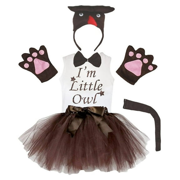 Petitebelle Owl Headband Bowtie Tail Gloves Tutu Shirt 6pc Costume (Brown, 5-6 Years)