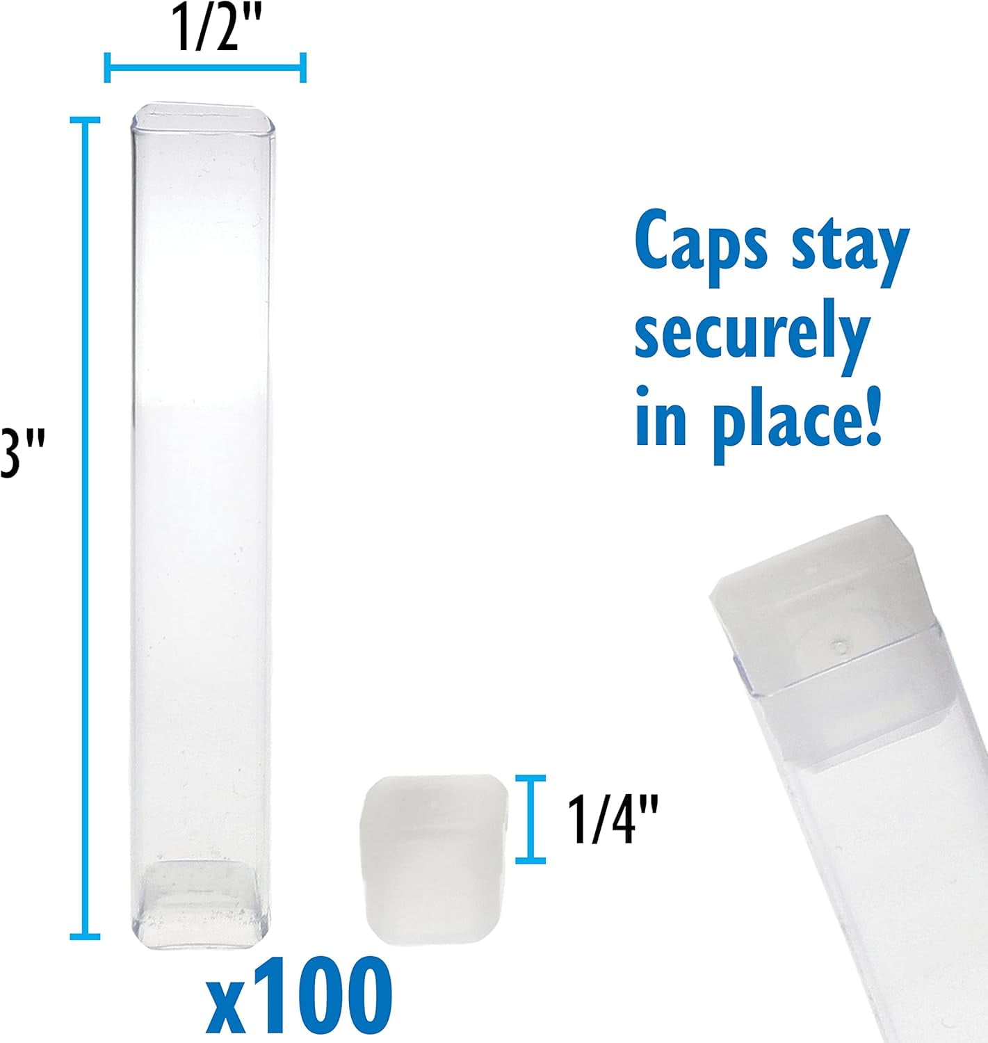 The Beadsmith Clear Plastic Tubes - 3 x .5 Inch Square Tubes - Flat Caps - Use for Beads, Bath Salts, Wedding & Party Favors, Home or Office Storage - Bag of 100