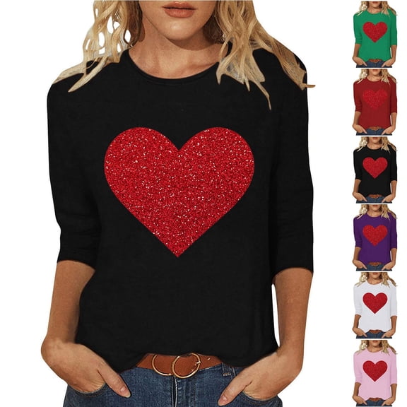VKOYWKM Women's 3/4 Sleeve Tops Valentines Day Shirts Cute Heart Print T-Shirts Loose Fit Holiday Tops Spring T-Shirt Casual Crew Neck Romantic Valentine T-Shirts