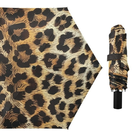 Leopard Fur Print All Weather Umbrella Triple Folding Parasol 6 Ribs UV Protection Portable