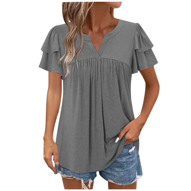 Camisetas Casuales de Manga Corta de las Mujeres con Cuello en V, Cuello Redondo, Color Sólido Blusa Ligera de Poliéster
