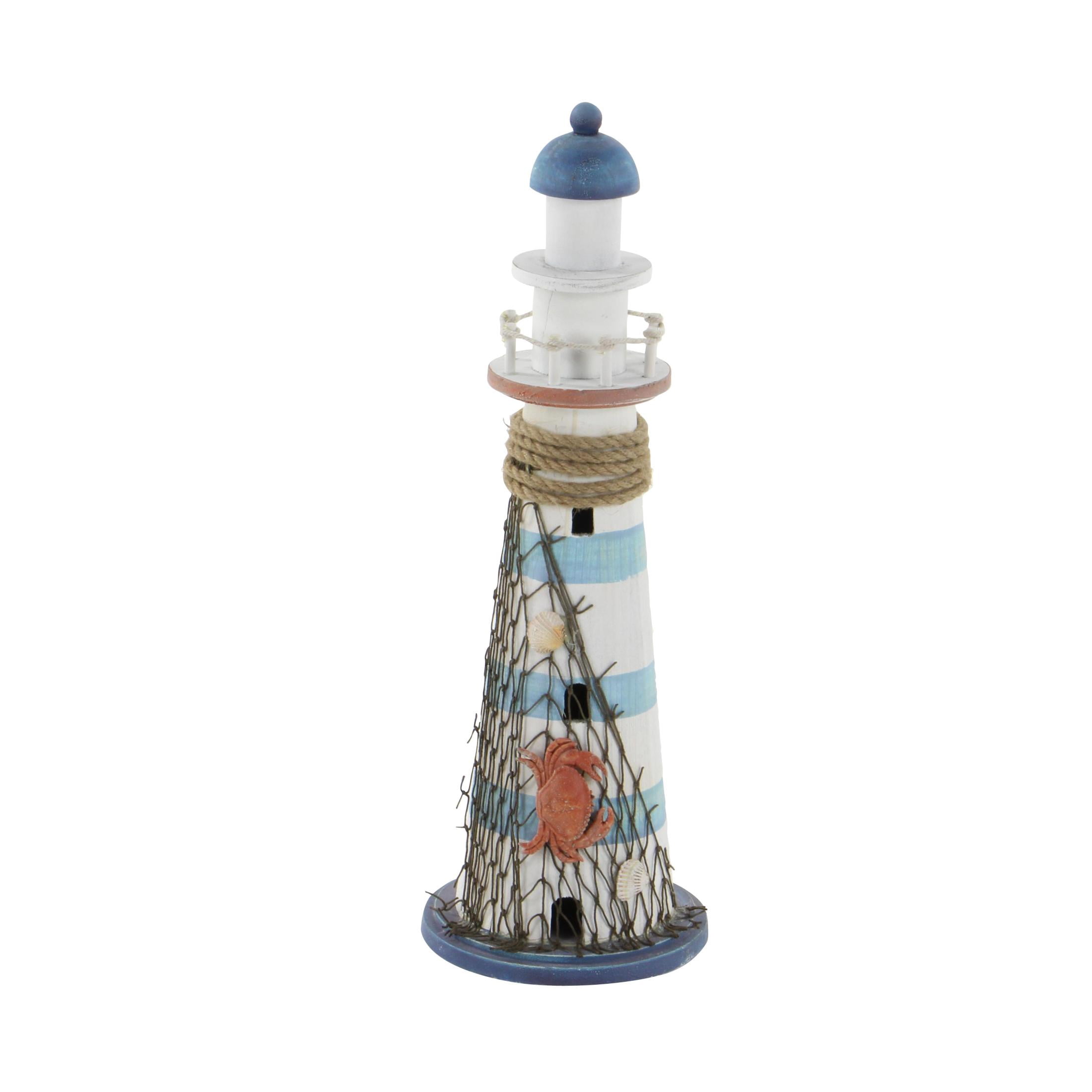 7" x 16" Blue Wood Light House Sculpture with Netting, by DecMode