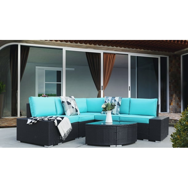 Patio Dining Sets Clearance, 6 Piece Patio Furniture Sets, 5 Rattan Wicker Sofa Chairs and Glass 