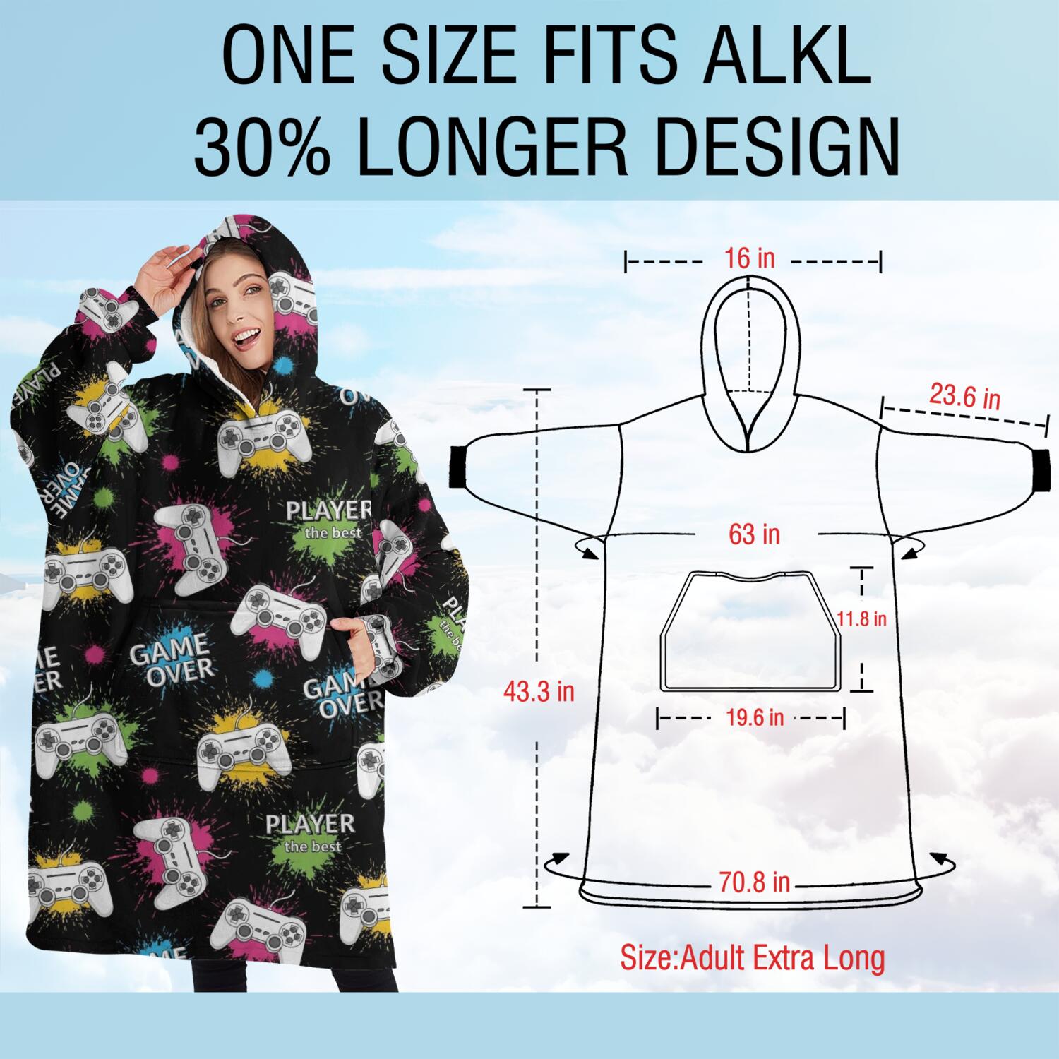 Oversized Wearable Blanket Hoodie,Neon Controllers Games Icons Black Pattern Sherpa Blanket Hoodie with Super Pockets,Super Warm Fuzzy Pullover for Women & Men