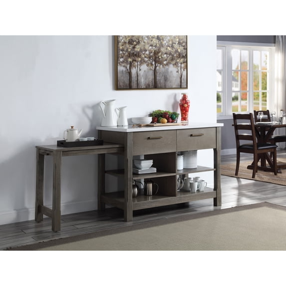 Miekor Furniture Feivel Kitchen Island w/Pull Out Table in Marble Top Top & Rustic Oak Finish
