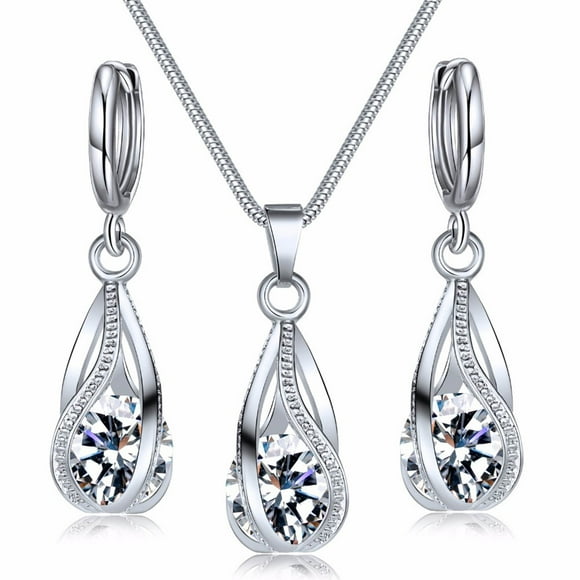 Conjunto de pendientes y collar de plata, sencillo y moderno, para bodas, aniversarios y fiestas.