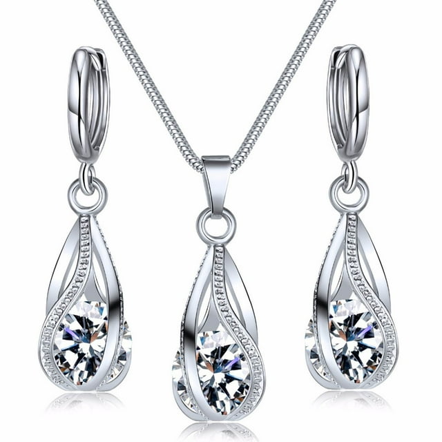 Conjunto de pendientes y collar de plata, sencillo y moderno, para bodas, aniversarios y fiestas.