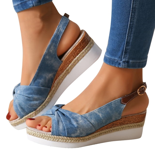 Sandals for Womens Wedge Heel Slingback Open Peep Toe Bow Leather Surface Rope Sole Adjustable Buckle Linen Breathable Non Slip Beach Summer Casual Shoes Sky Blue