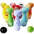thumbnail image 1 of Juego de bolos de madera para niños Juego de bolos de madera colorido con 10 bolos con caras de animales 2 bolas Juguetes educativos para niños pequeños, 1 of 5