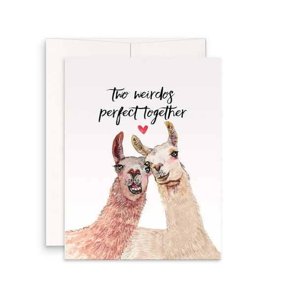 Funny Llama Greeting Card - "Two Weirdos Perfect Together" - Cute Card with Envelope for Couples, Friends, Anniversaries, or Just Because