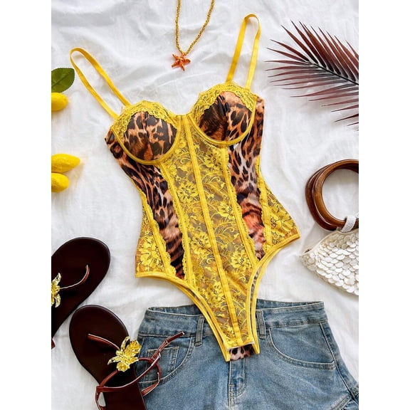 Yellow-3 Leopard Print Lace Bustier Bodysuit With Spaghetti Straps