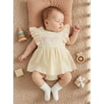 thumbnail image 4 of BemeyourBBs Newborn Baby Girl Summer Clothes Cotton Linen Romper Dress Cute Bow Embroidered Ruffled Trim Crew Neck Flying Sleeve A Line Dress, 4 of 9