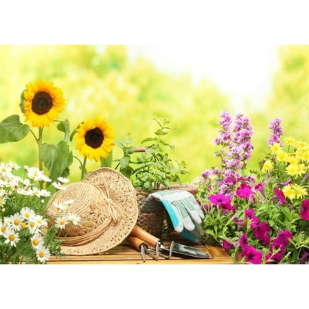 ABPHOTO Polyester 7x5t Gardening Spring Backdrop Straw Hat Garden Tools Fresh Flowers Bokeh Blurry View Nature Backdrops for Photography Photo Background Kids Adults Portraits Studio Props