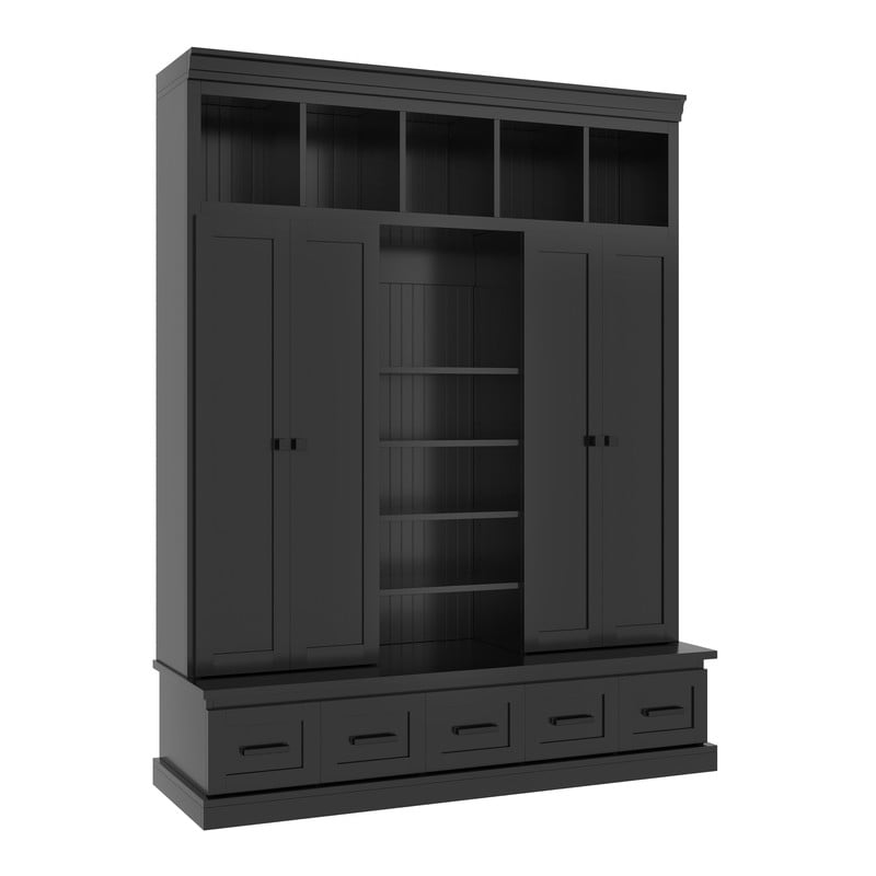 Modern Hall Tree with 4 Doors and 5 Storage Cubbies, Entryway Coat Rack with Adjustable Shelves, Mudroom Bench Storage Organizer Cabinet with 5 Drawers for Living Room
