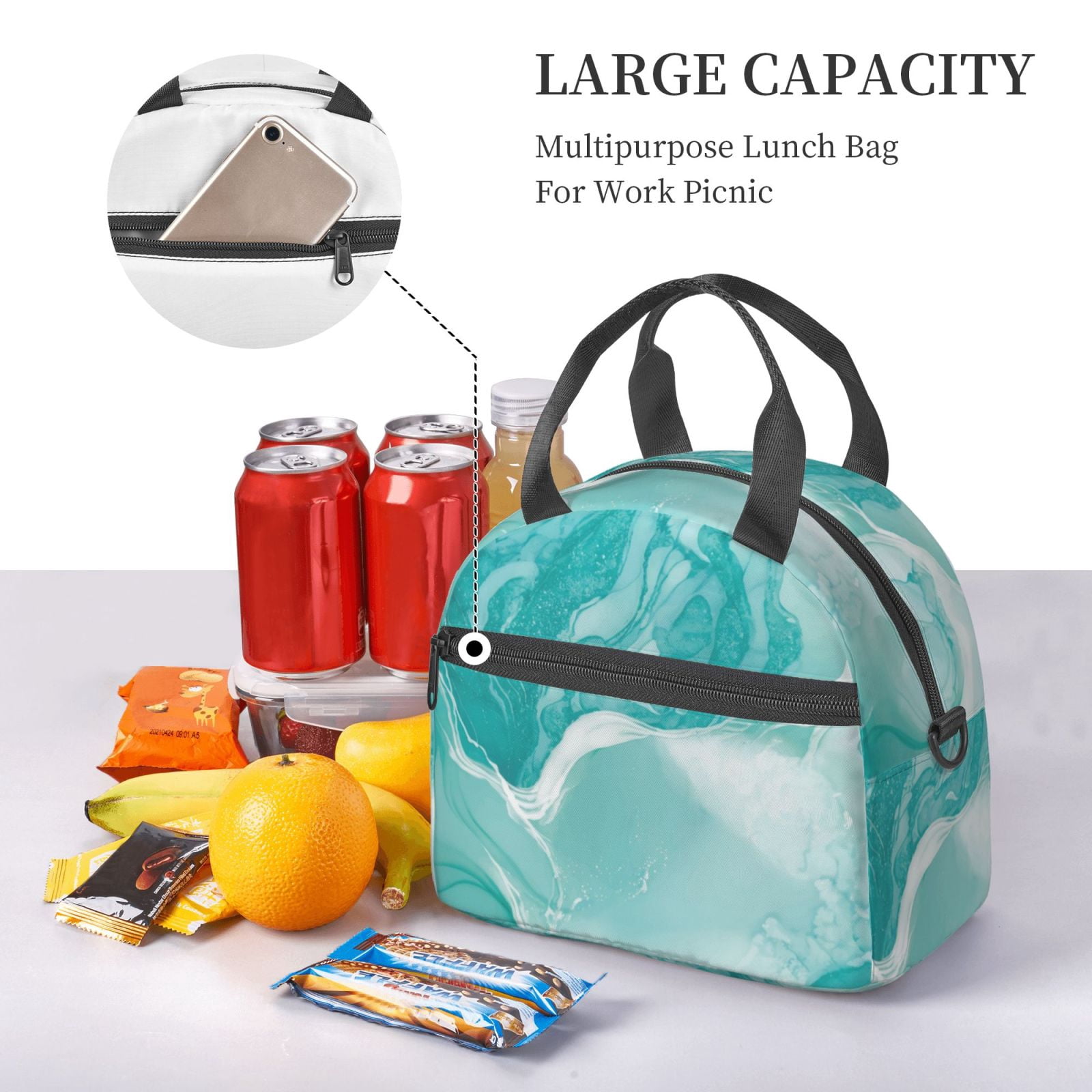 Xecao Teal Turquoise 1 Print Insulated Lunch Box, Lunch Cags Lunch Bag Featuring An Adjustable Shoulder Strap
