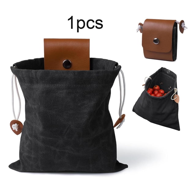 Bolsa de lona plegable con cordón para recolectar frutas, ideal para acampar y hacer senderismo. negro