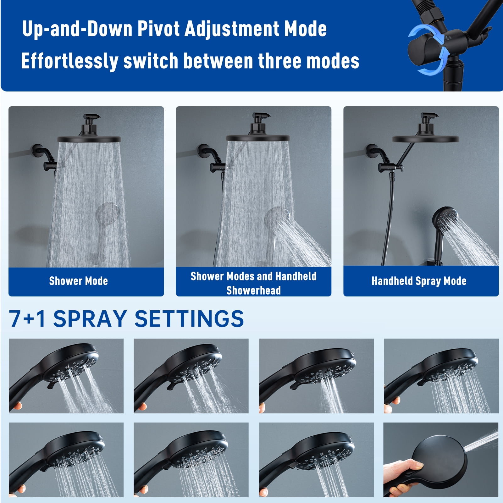 Joyrain 8-inch Rain Overhead Shower with Handheld High-pressure Shower Head, 8 Spray Modes, Rain Shower Combination with Adjustable Metal Extension arm, Adjustable Height and Angle for Whole Family