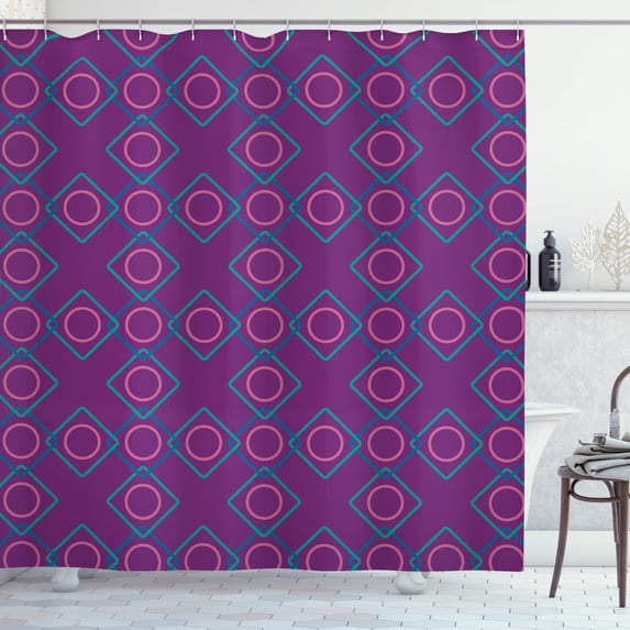 Geometric Shower Curtain, Concentric Squares and Circles Shapes Abstract Art, Fabric Bathroom Set with Hooks, 69W X 75L Inches Long, Purple Blue Pink, by Ambesonne
