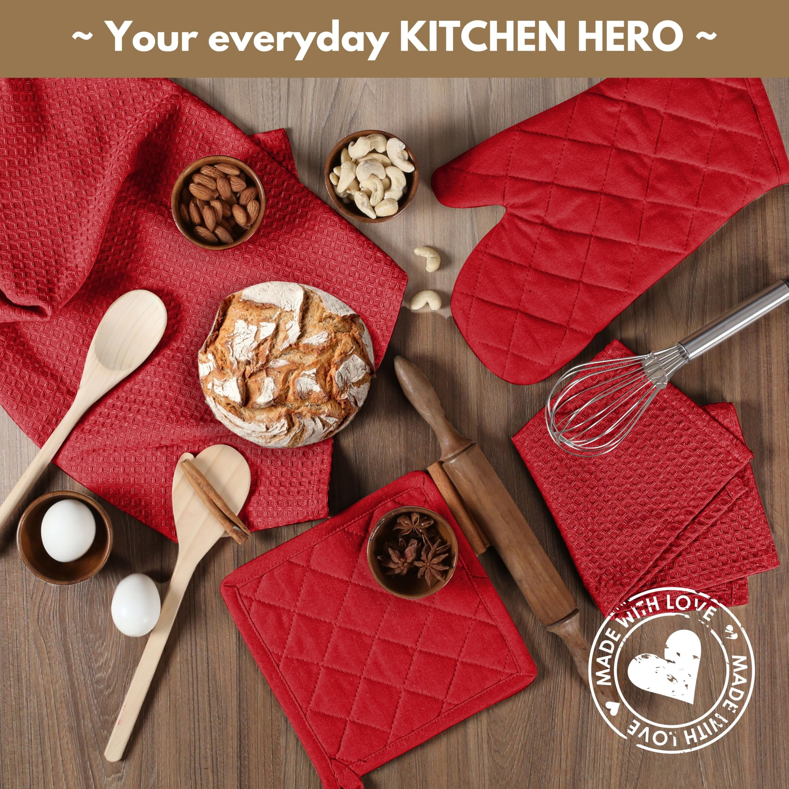 Native Fab 10-Piece Kitchen Set – Includes Oven Mitts, Potholders, Kitchen Towels & Dishcloths, Heat Resistant, 100% Cotton, Durable & Absorbent, Perfect for Cooking, Baking & Everyday Use - Red