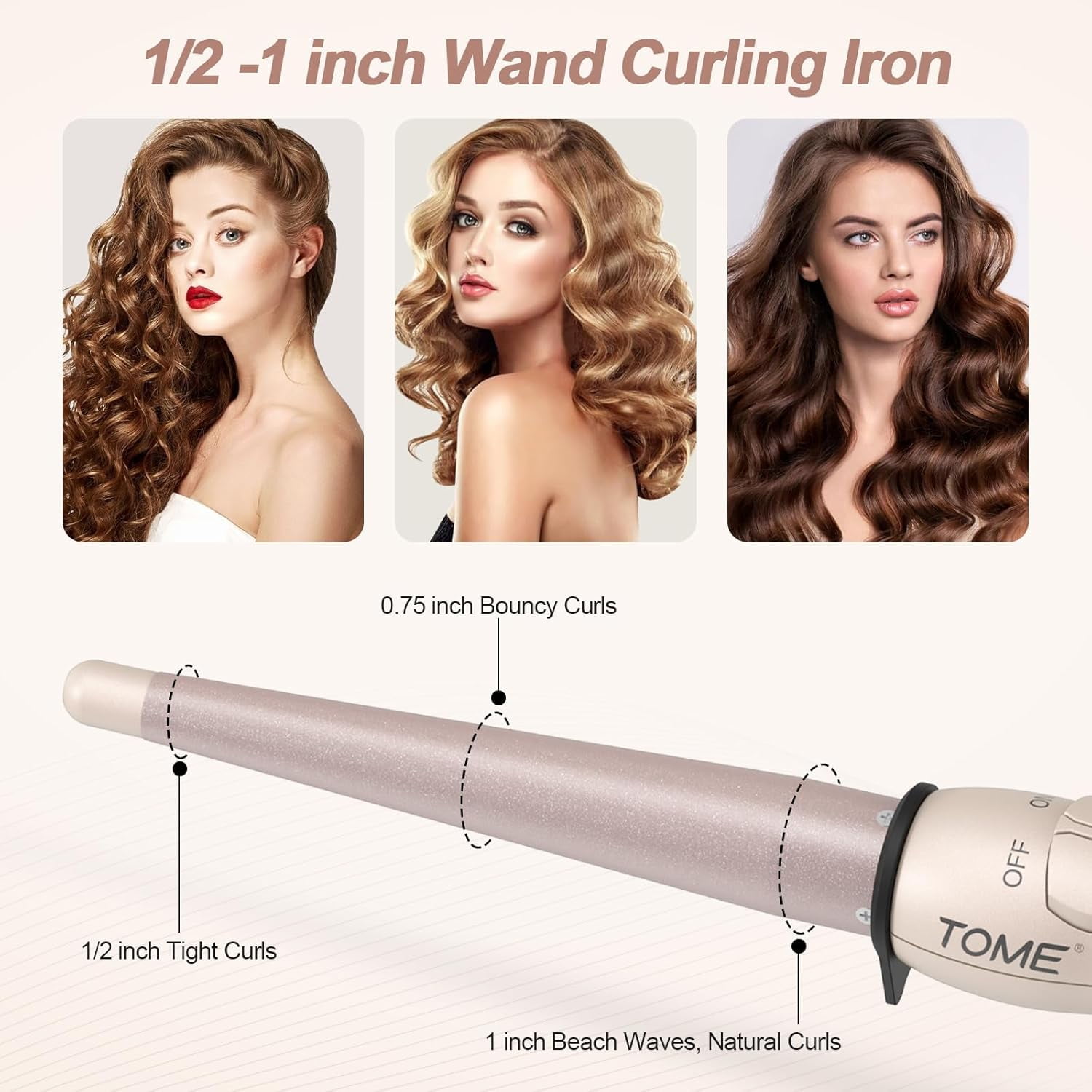 ToMe Professional Ceramic 1/2-1 inch Tapered Hair Curling Wand ,180℉-410℉ Fast Heating Dual Voltage Wand Curler for All Hair Type