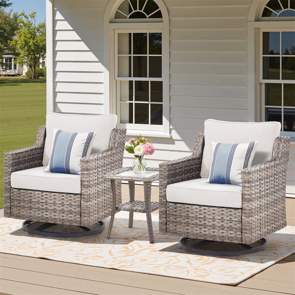 Yeahumalia Outdoor Patio Wicker 3-Piece Furniture Set, 2pcs Swivel Rocking Chairs with Side Table for Porch Deck Balcony Garden, Grey/Beige