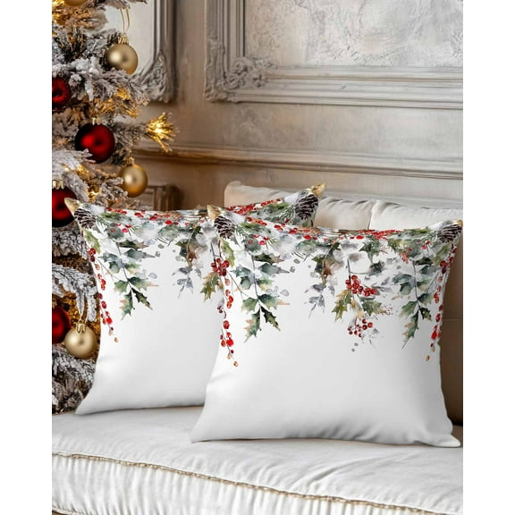 Christmas Decorative Throw Pillow Covers 20x20 Inch Set of 2 Watercolor Red Berry Pillow Cases for Couch, Pine Cones Cushion Case for Living Room Bedroom Bed Car Chair