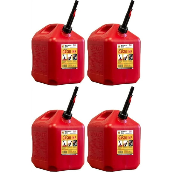 Midwest Can 5610 Safe-Flo Auto Shut Off 5 Gallon Gas Can – Durable Fuel Containers with FlameShield Safety System & Quick-Flow Spout - Red - 4 Pack
