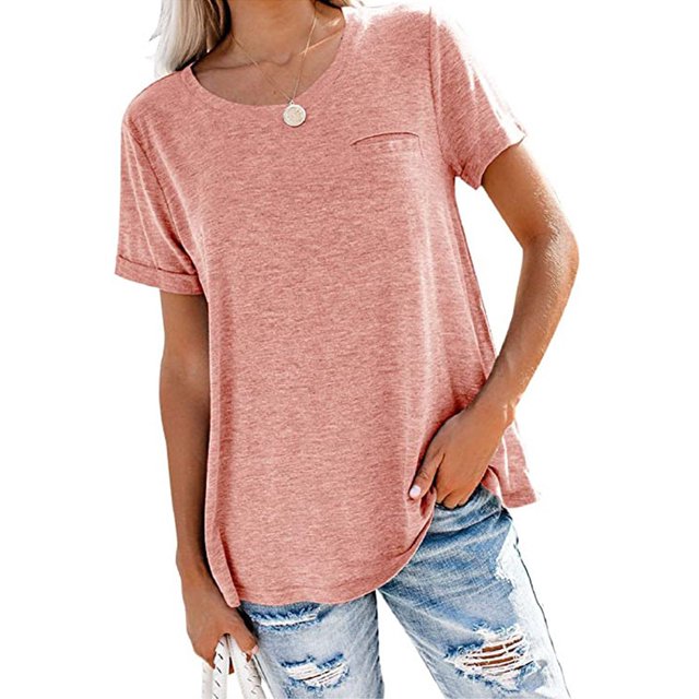 LUXUR Tee-Shirt Femme Manches Courtes Hauts Couleur Unie T-shirt Tunique Mode Blouse Col Rond T-shirt Rose TTG