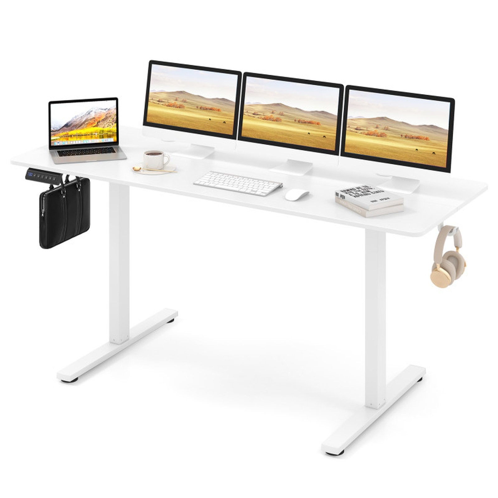 Furnibear Electric Standing Desk with 3 Memory Heights Adjustable Height Sit Stand Home Office Desk with Hooks and Cable Holes, White