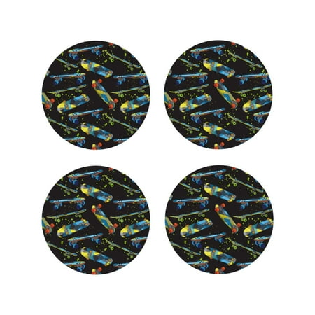 

Junzan Colorful Skateboard Print Coasters for Drinks - Leather Coasters Set of 4 for Coffee Table for Housewarming/Kitchen/Bar/Decor-Round Shape