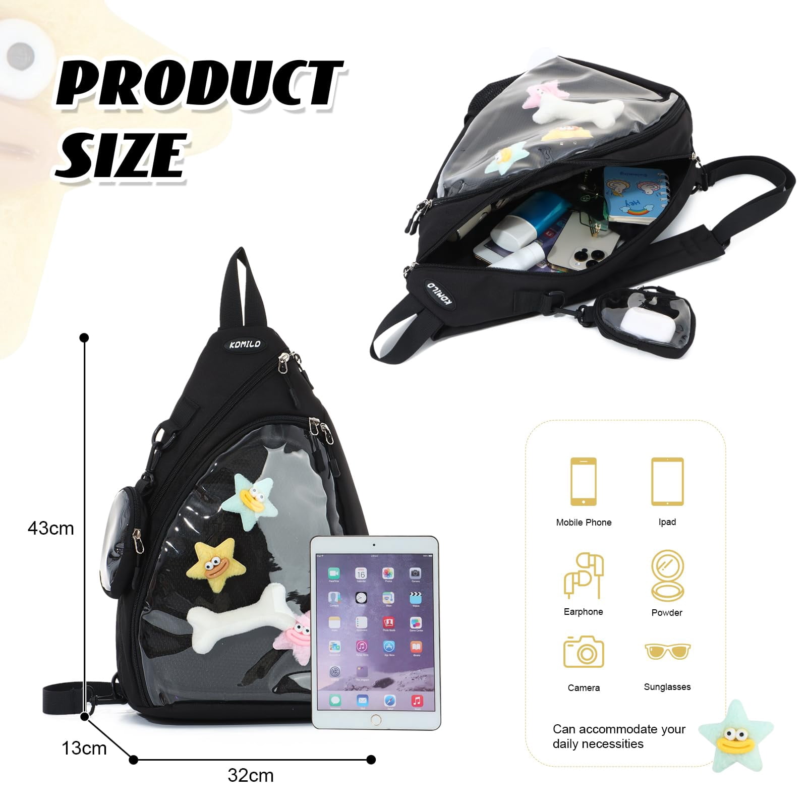 Cute Ita Bag for Men Women Kawaii Pin Display Backpack Fanny Pack Black Crossbody Hiking Day Pack