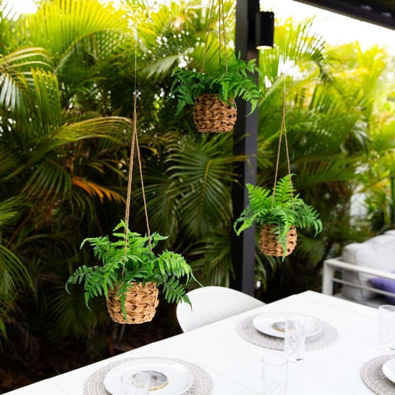Nearly Natural Boston Fern Artificial Hanging Plants with Wicker Basket - 11" - Green - Set of 3