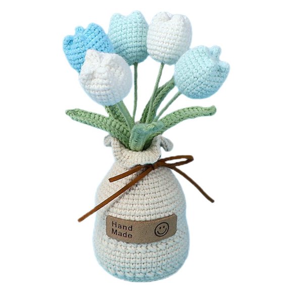Handcrafted Gradient Blue Tulip Decor: 5-Stem Artificial Plant in Knitted Yarn Vase - Lifelike Hand-Crocheted Flowers for Home, Office, Birthdays, Weddings & Special Occasions - Eco-Friendly, 7cm