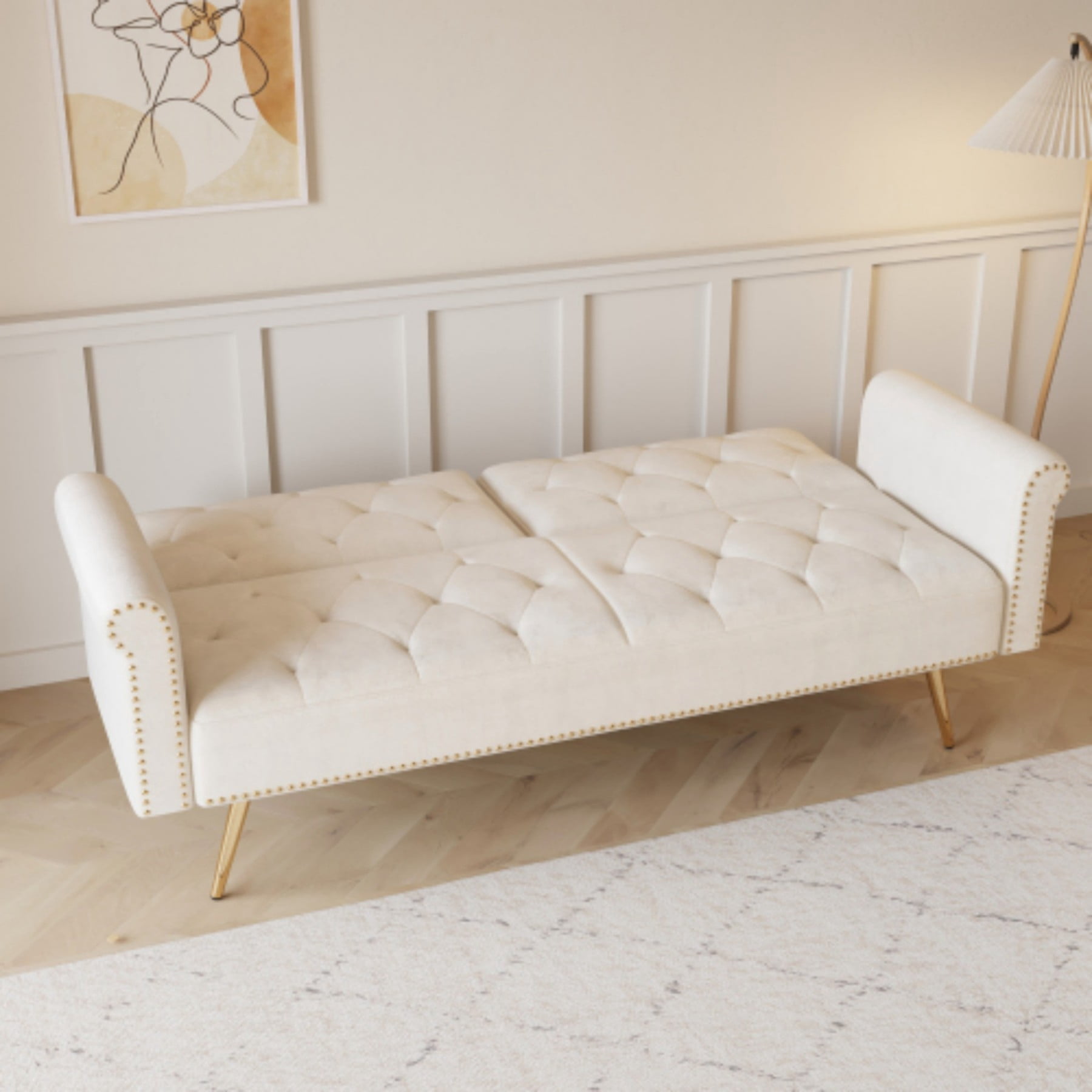 Velvet Sofa Bed, 69.7" Convertible Sleeper Sofa with Nailhead Trim & Pillow for Living Room Bedroom, Beige