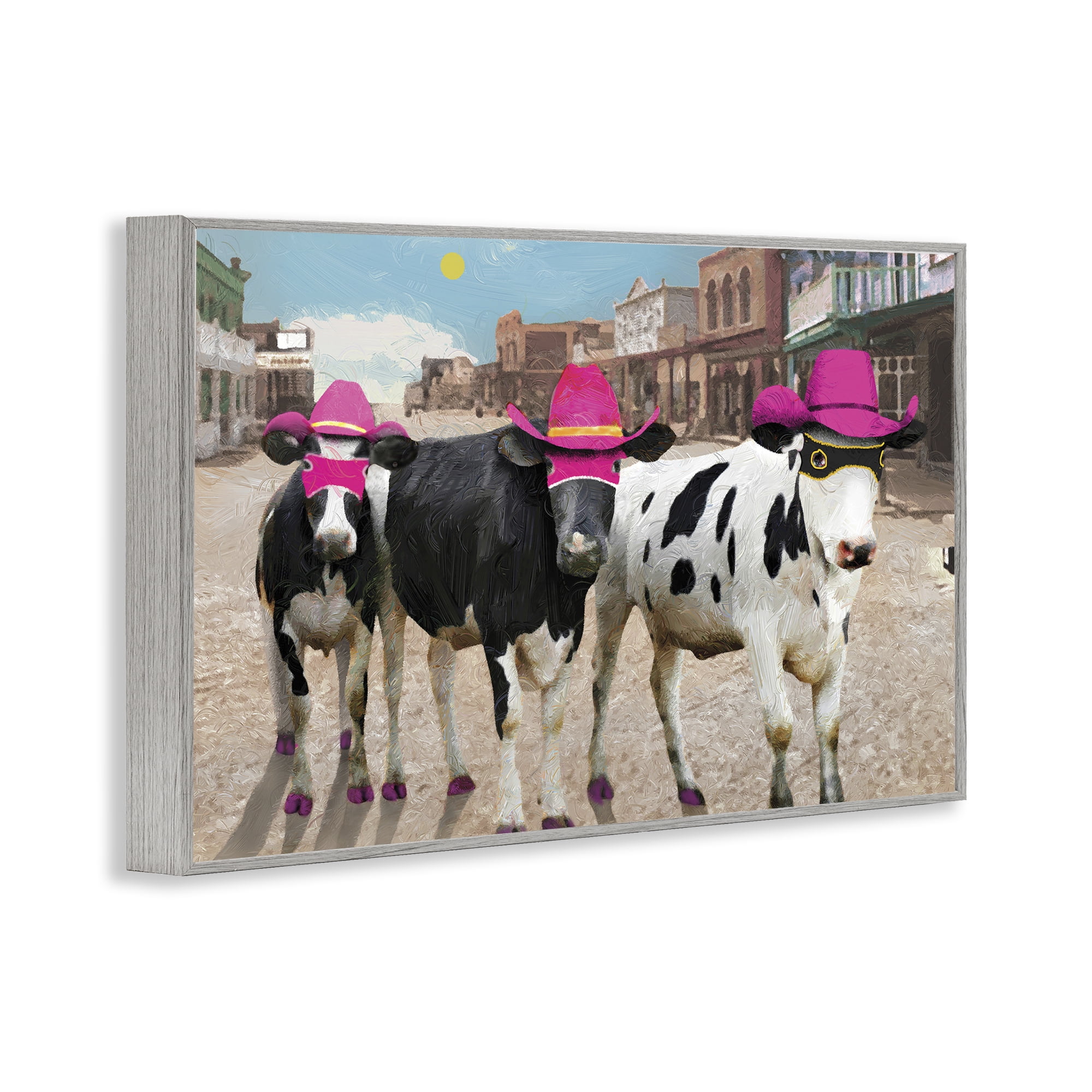 Stupell Industries Superhero Cows in Town Scenery Painting Gray Framed Art Print Wall Art, 24 x 16