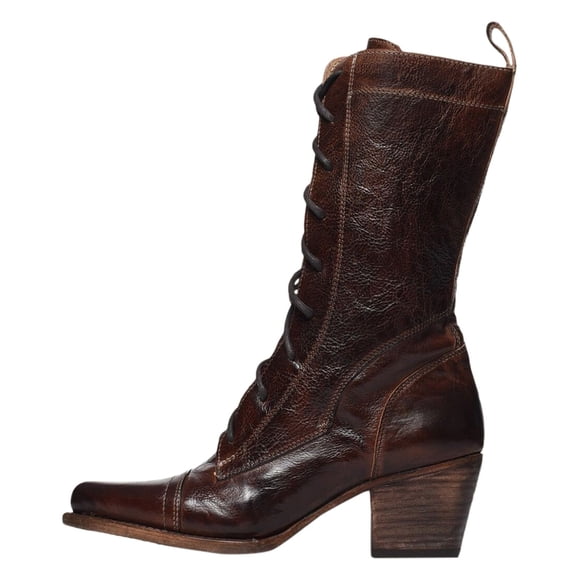 WEAIXIMIUNG Women Ankle Boots Low Heel Low Cut Out Leather Women Mid Calf Boots Autumn and Winter foreign Trade Large Fashion Retro Lace Up Comfortable Square Heel Thick Heel